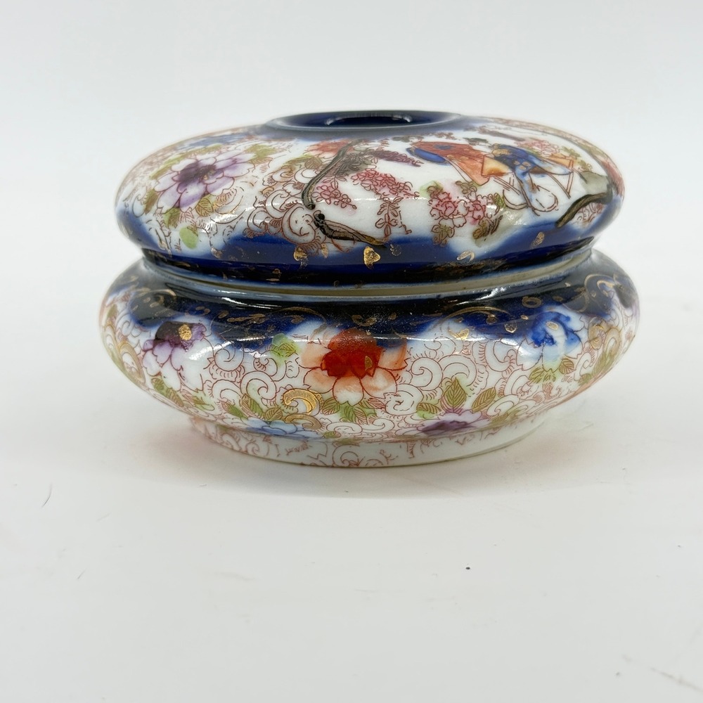 Vintage Porcelain Hair Receiver | Asian Hand Painted Dresser Vanity Jar - Picture 3 of 15